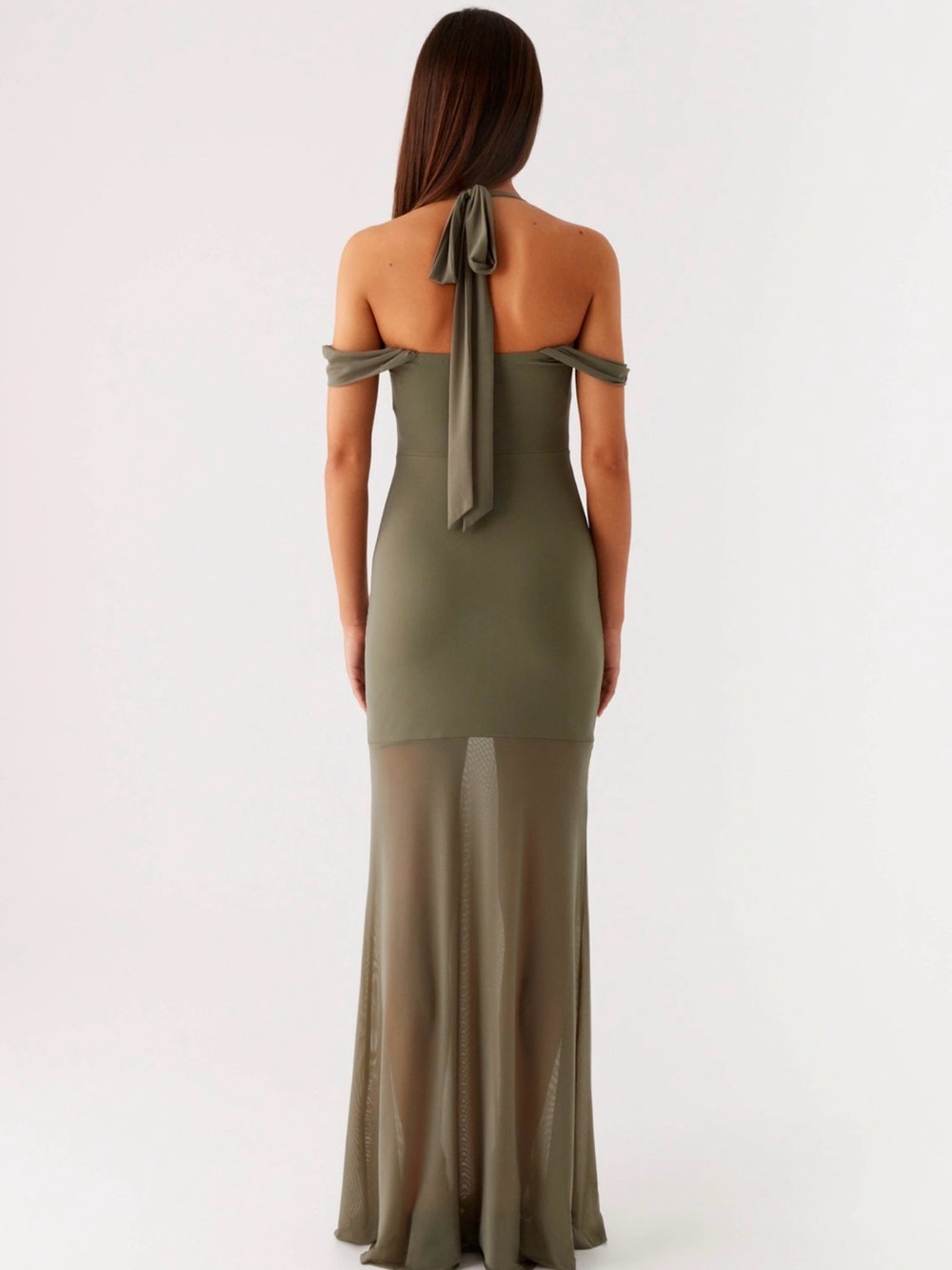 NWT Peppermayo Olive Green Off-Shoulder Halter Ruched Mesh Maxi Dress 6 - Picture 5 of 7